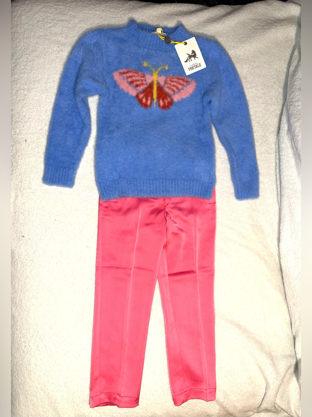 Finding Foxtale fuzzy knit butterfly sweater and pink satin pants, sz 4, NWT